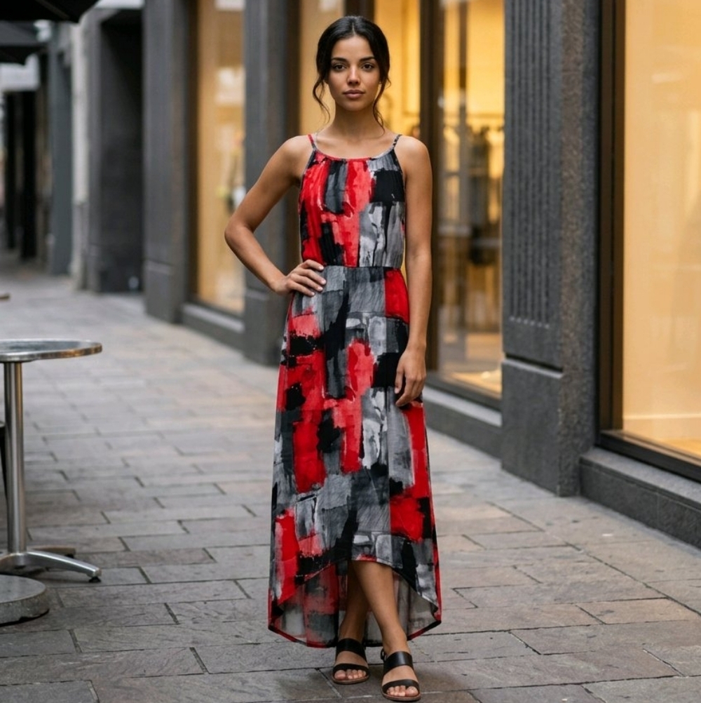 CATO Black Red High Low Maxi Dress Brushstroke Strappy Sundress XS Resort Girl